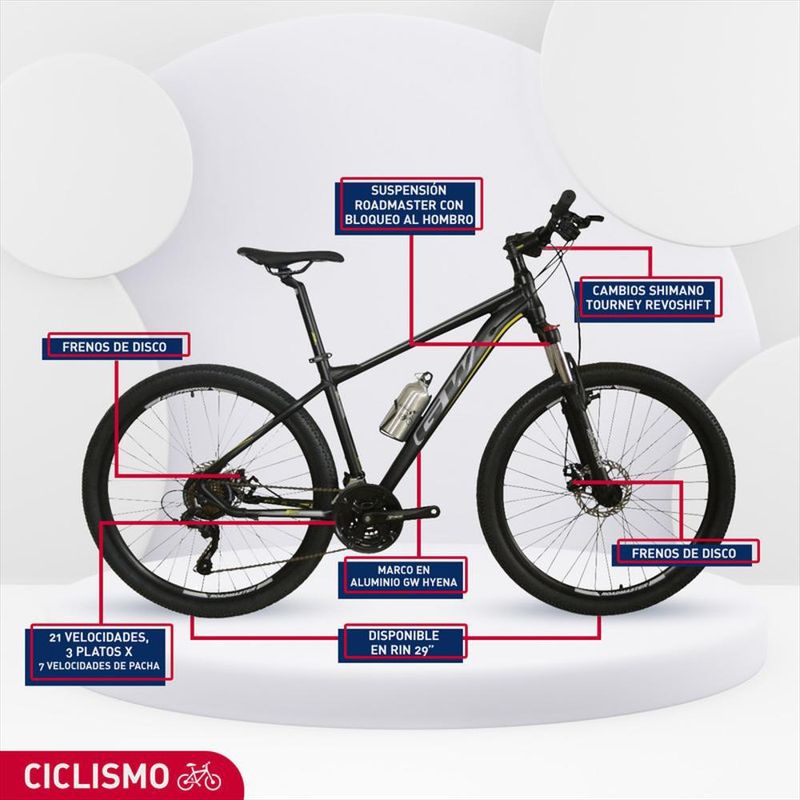 Bicicleta gw hyena 29 shimano online revoshift aluminio susp 21 vel