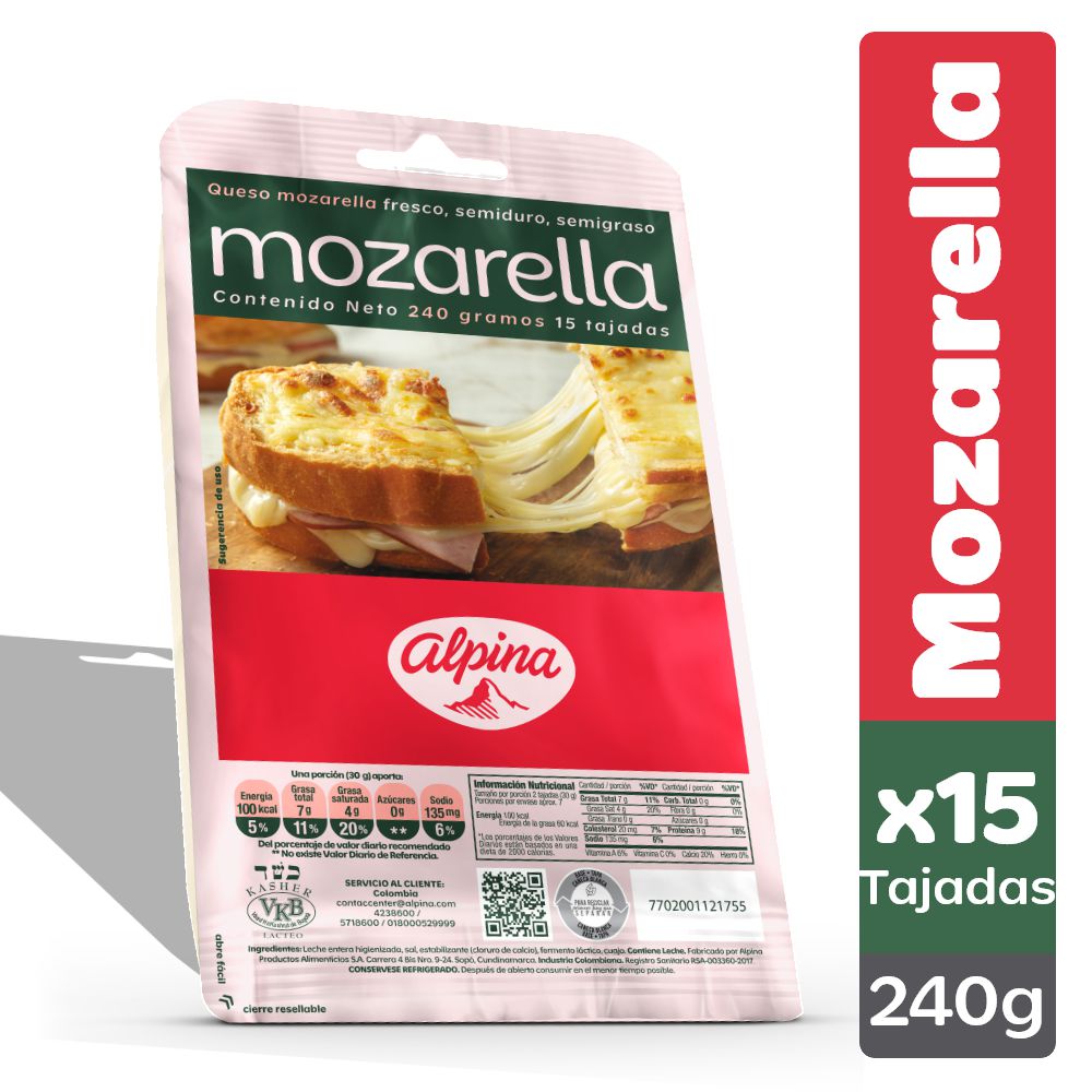 Queso Mozarella Alpina 15 Tajadas240 Gr