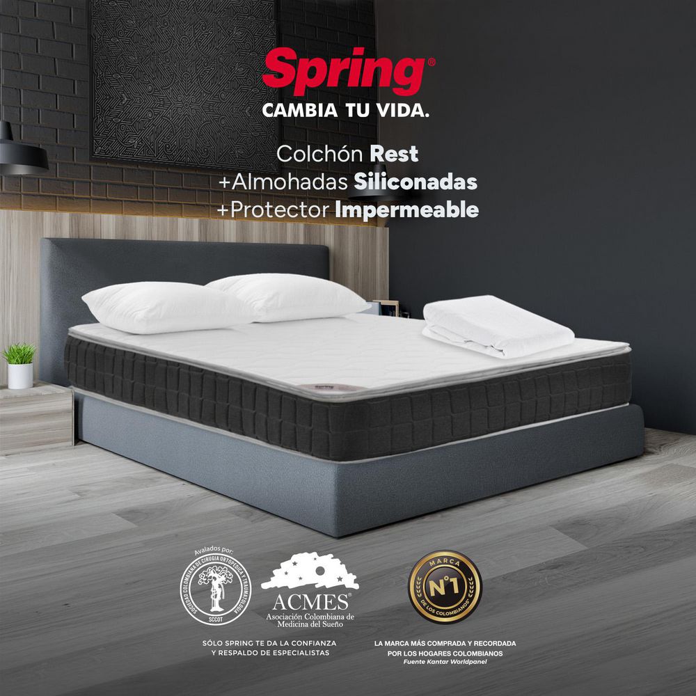 Colchón SPRING Queen (160 x 190 cm) SWEET DREAMS Resortado Semifirme Protector + Almohadas img #2