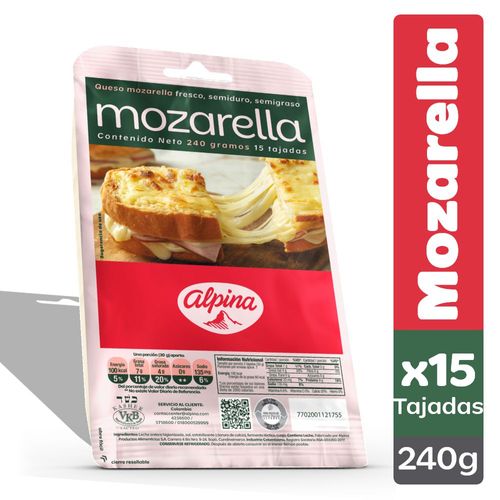 Queso Mozarella ALPINA 15 Tajadas (240  gr)