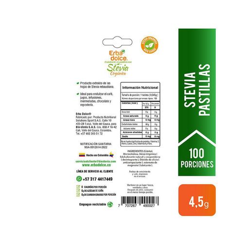 Stevia ERBA DOLCE Endulzante En Tabletas (4.5  gr)