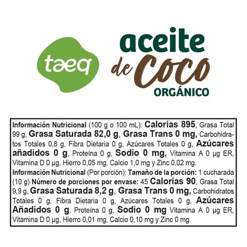 Aceite de coco TAEQ orgánico (450  ml)