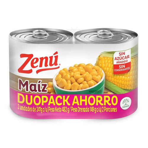 Maíz ZENU lata x2und sin azúcar añadido (298  gr)