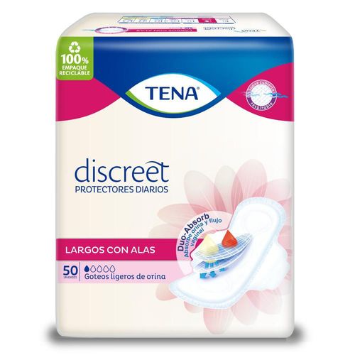 Protectores diarios TENA DISCREET largos con alas goteos de orina (50  und)