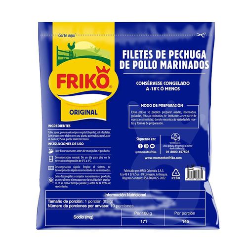 Filete de pechuga de pollo FRIKO HF empaque individual x10und (850  gr)