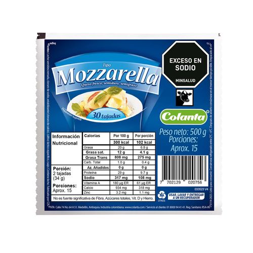 Queso mozzarella COLANTA fresco semiduro semigraso (500  gr)