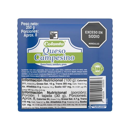 Queso campesino COLANTA fresco semiduro graso (250  gr)
