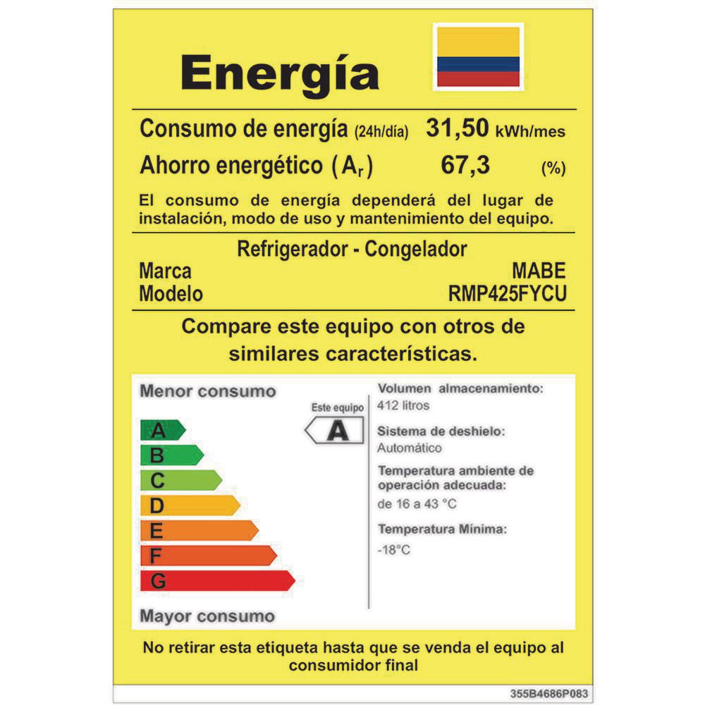 Nevera  MABE No Frost Congelador Superior 438 Lts Brutos  RMP425FYCU img #7