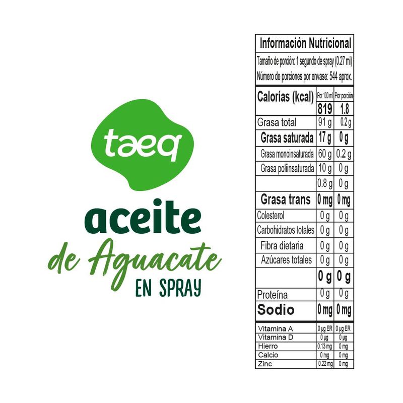 Aceite de aguacate TAEQ en spray 100% natural (147 ml