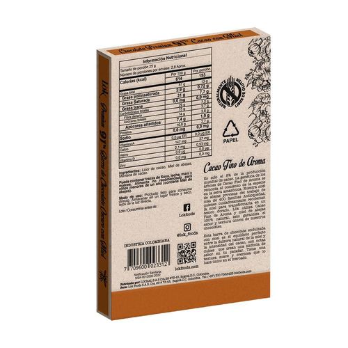 Barra de chocolate LOK PREMIUM PRODUCTS oscuro miel abejas (70  gr)
