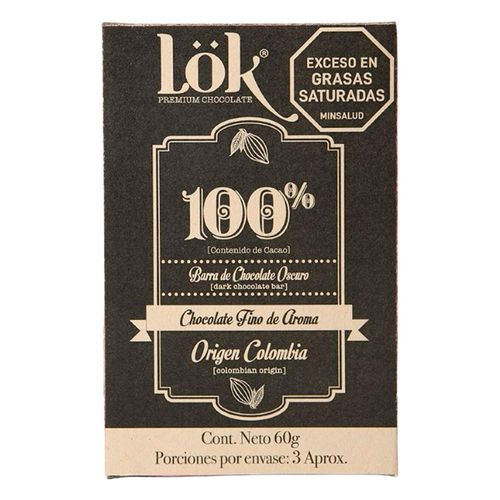 Barra de chocolate LOK PREMIUM PRODUCTS oscuro 100% cacao (60  gr)