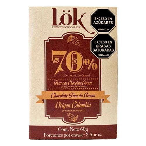 Barra de chocolate LOK PREMIUM PRODUCTS oscuro 70% cacao (60  gr)