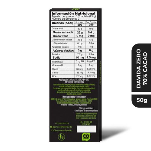 Barra de chocolate CHOCOLATE DAVIDA sin azúcar (50  gr)