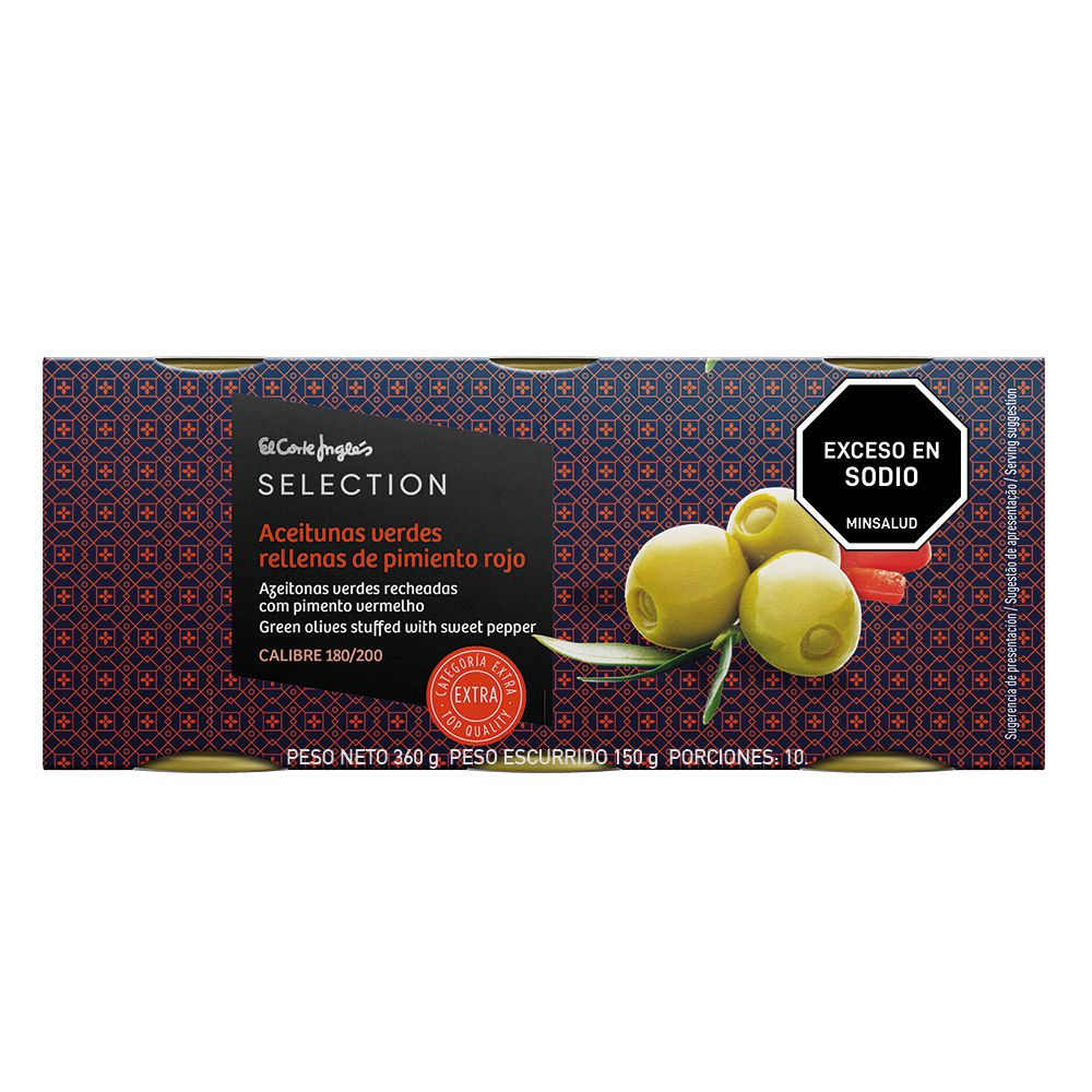 Aceitunas EL CORTE INGLÉS MARCA EXCLUSIV verdes rellenas de pimiento rojo (150  gr) img #1