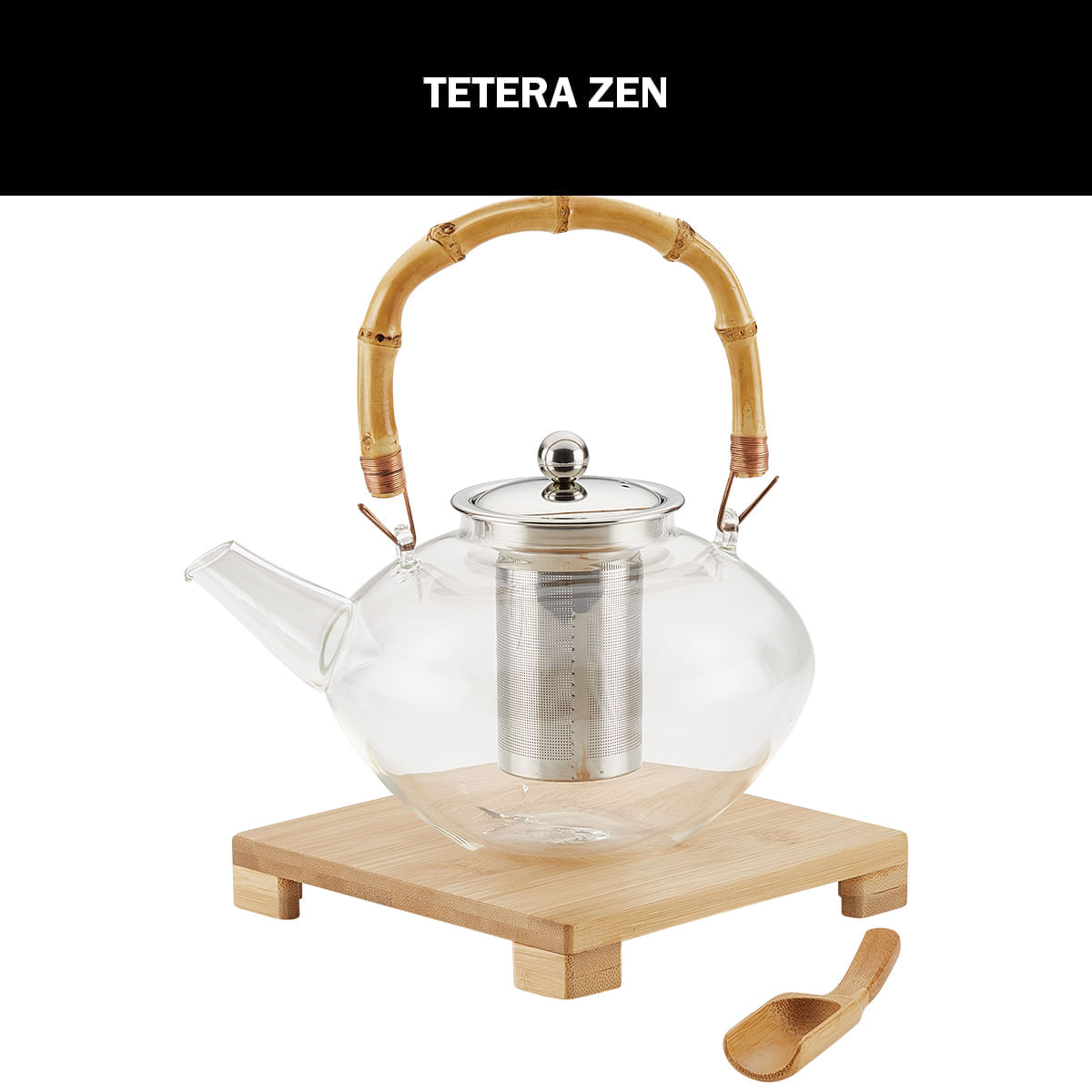 Tetera Zen de vidrio soplado a mano con infusor de acero inoxidable y salvamanteles de bambú, 34 onzas/ 1L. BonJour. img #1