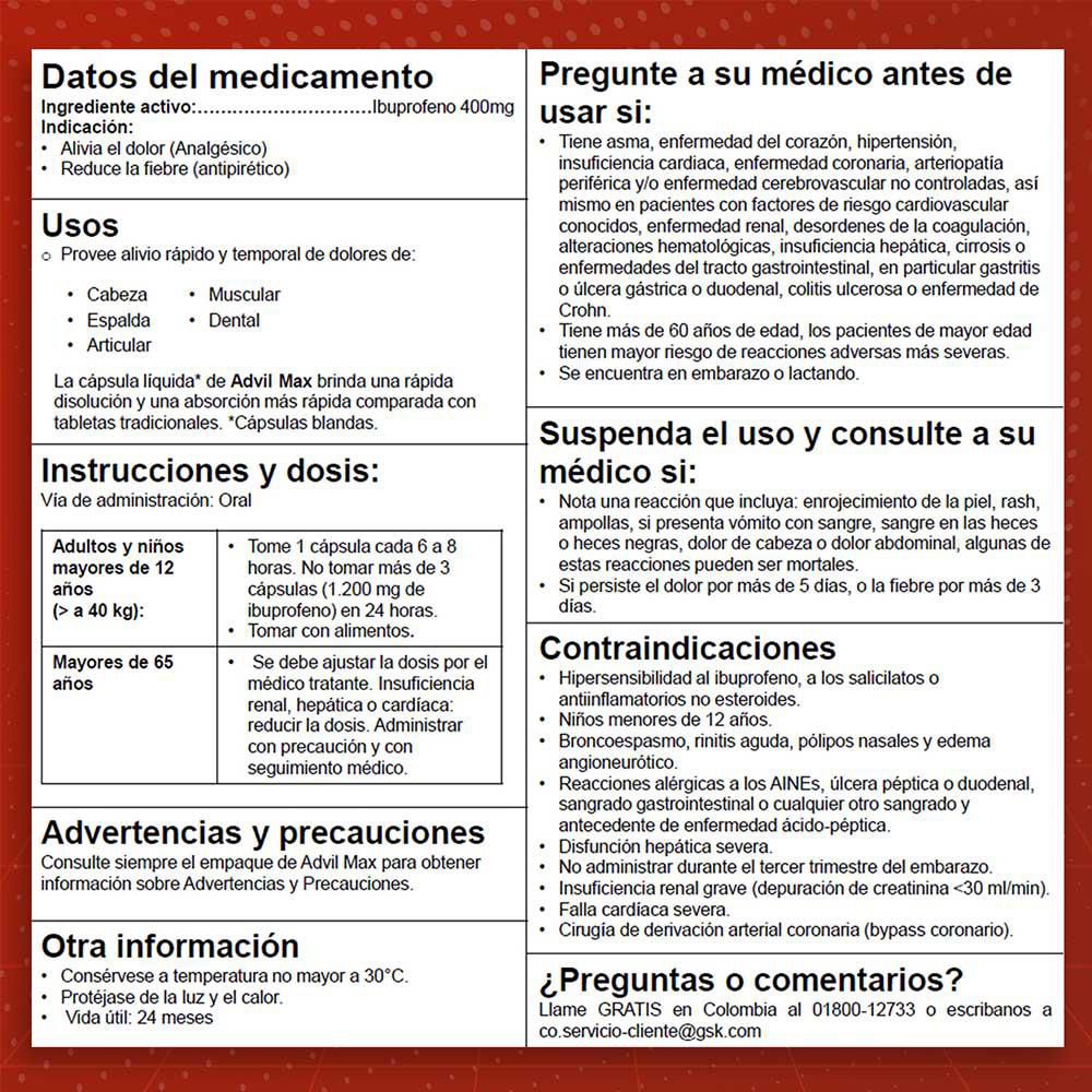Cápsulas ADVIL max ibuprofeno dolores fuertes (16  und) img #6