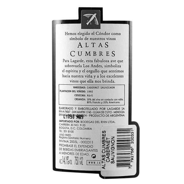 Vino tinto ALTAS CUMBRES cabernet sauvignon Cabenet S (750  ml) img #2