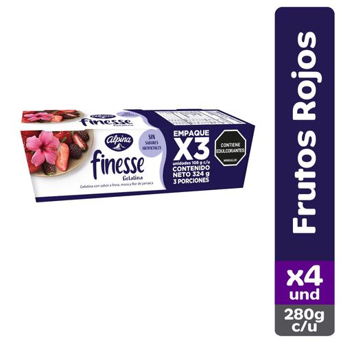 Gelatina FINESSE fresa, mora, flor de jamaica x3und (324  gr)