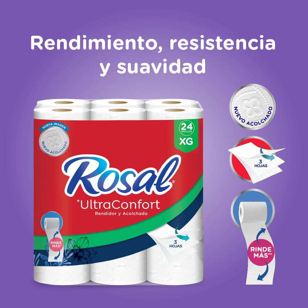 Papel higiénico ROSAL triple hoja rendidor x24 rollos (600  mts) img #2