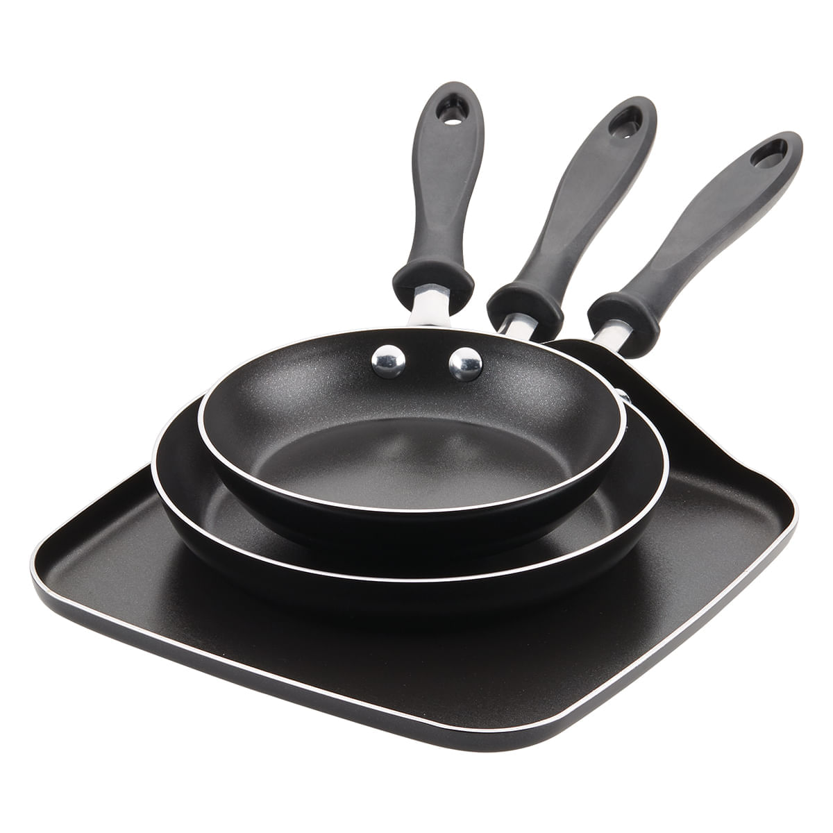 Set x 3 Pzs. Sartenes 18cm + 22cm y plancha 28cm. Aluminio Antiadherente. Reliance. Negro Black. Farberware img #1