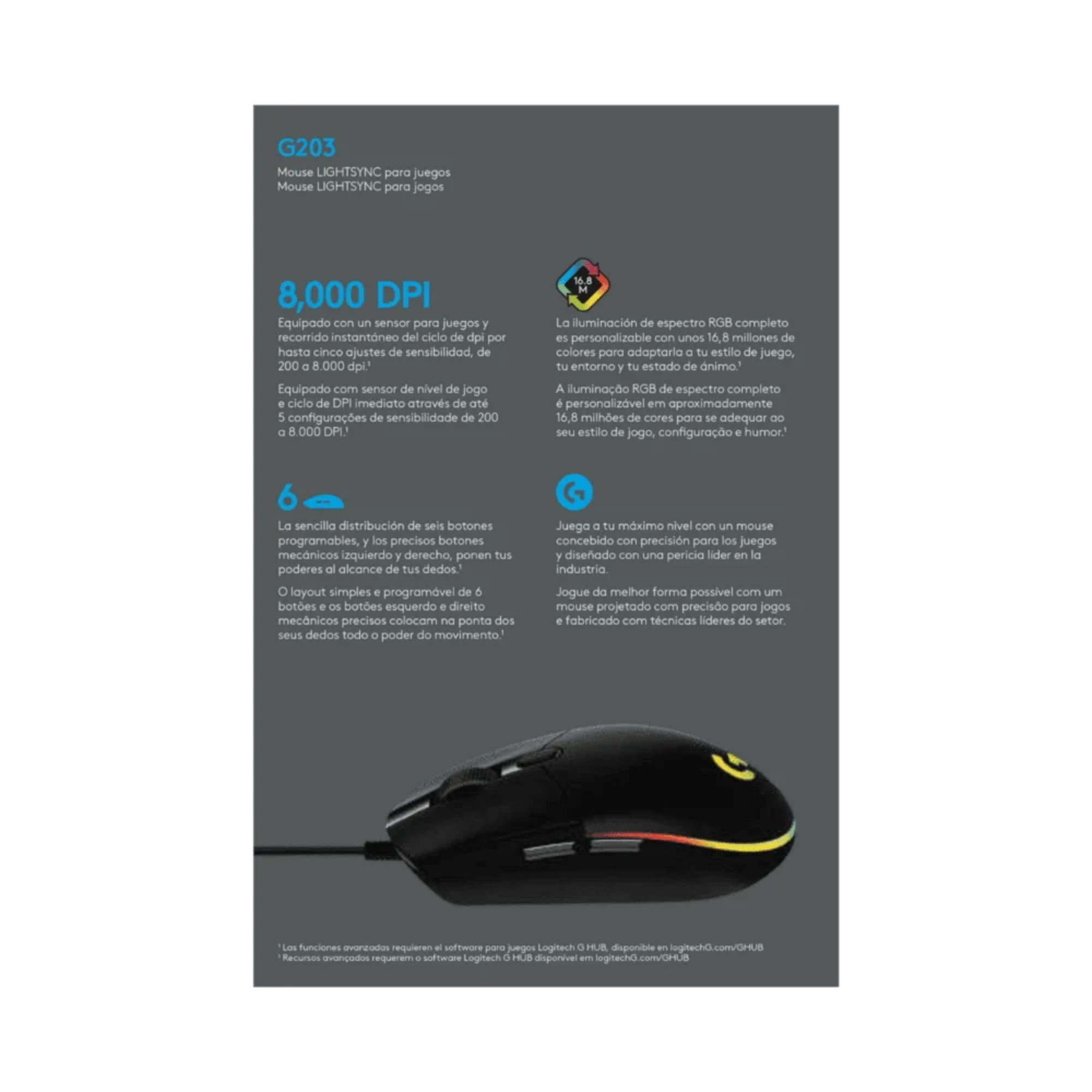 Mouse Gaming Logitech G203 Negro/Cable/USB/RGB img #5