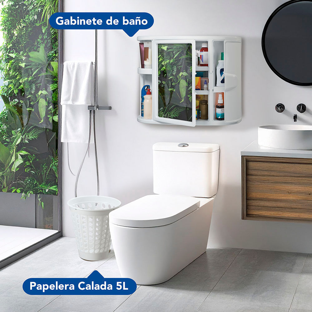 Combo Baño, 1 Gabinete Para Baño Con Espejo, 1 Papelera Calada 5L img #1