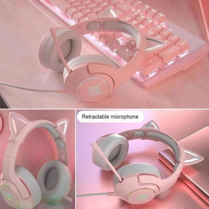 Audifonos Gamer Orejas De Gato Rosa Rgb Pc Ps4 Xbo Carulla